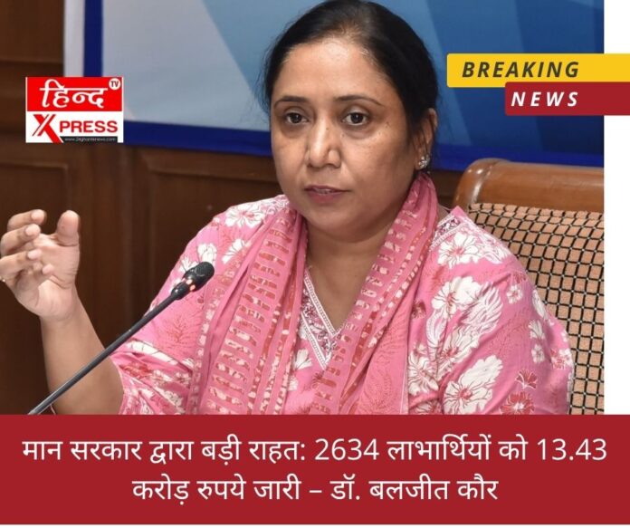 मान सरकार द्वारा बड़ी राहत: 2634 लाभार्थियों को 13.43 करोड़ रुपये जारी – डॉ. बलजीत कौर