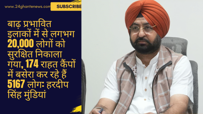बाढ़ प्रभावित इलाके, सुरक्षित निकाले गए लोग, 20000 लोग, राहत कैंप, 174 राहत कैंप, 5167 लोग, हरदीप सिंह मुंडियां, पंजाब सरकार, Flood Relief, Punjab Floods, Rescue Operation, Relief Work, Disaster Management, Humanitarian Aid, Community Suppor