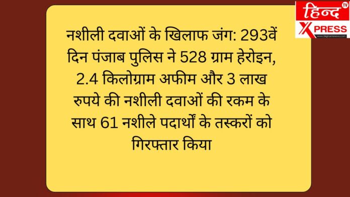 नशीली दवाओं के खिलाफ जंग: 293वें दिन पंजाब पुलिस ने 528 ग्राम हेरोइन, 2.4 किलोग्राम अफीम और 3 लाख रुपये की नशीली दवाओं की रकम के साथ 61 नशीले पदार्थों के तस्करों को गिरफ्तार किया*