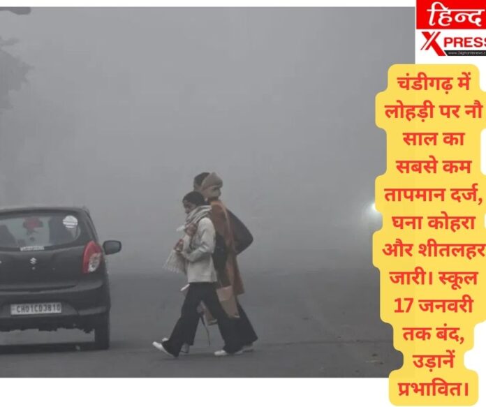 चंडीगढ़ में लोहड़ी पर नौ साल का सबसे कम तापमान दर्ज, घना कोहरा और शीतलहर जारी। स्कूल 17 जनवरी तक बंद, उड़ानें प्रभावित।